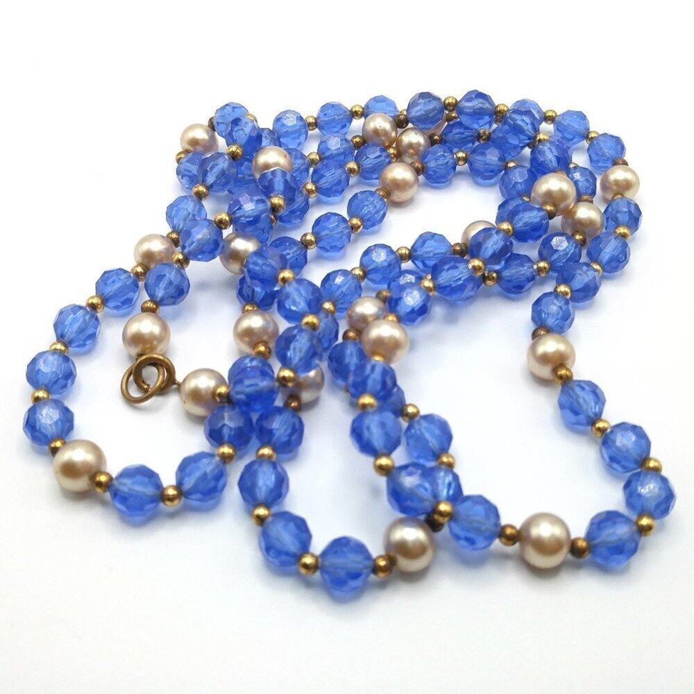 Vintage Lucite Blue Faceted Bead Necklace, Glass Pearl Accents, 1940s, 54 Inches - Picture 3 of 7